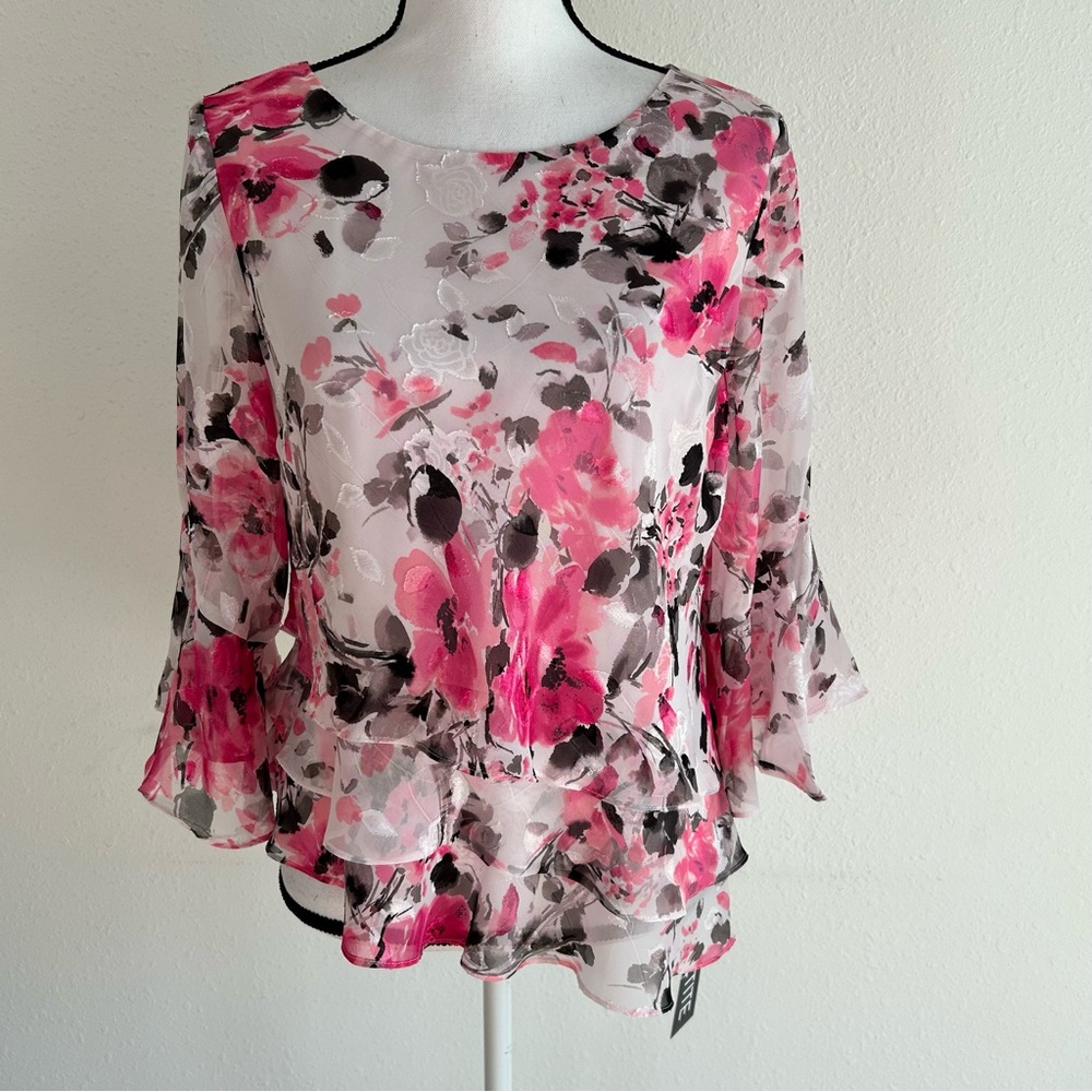 Alex Evenings Chiffon Blouse Petite Size M Pink Asymmetrical Floral Party